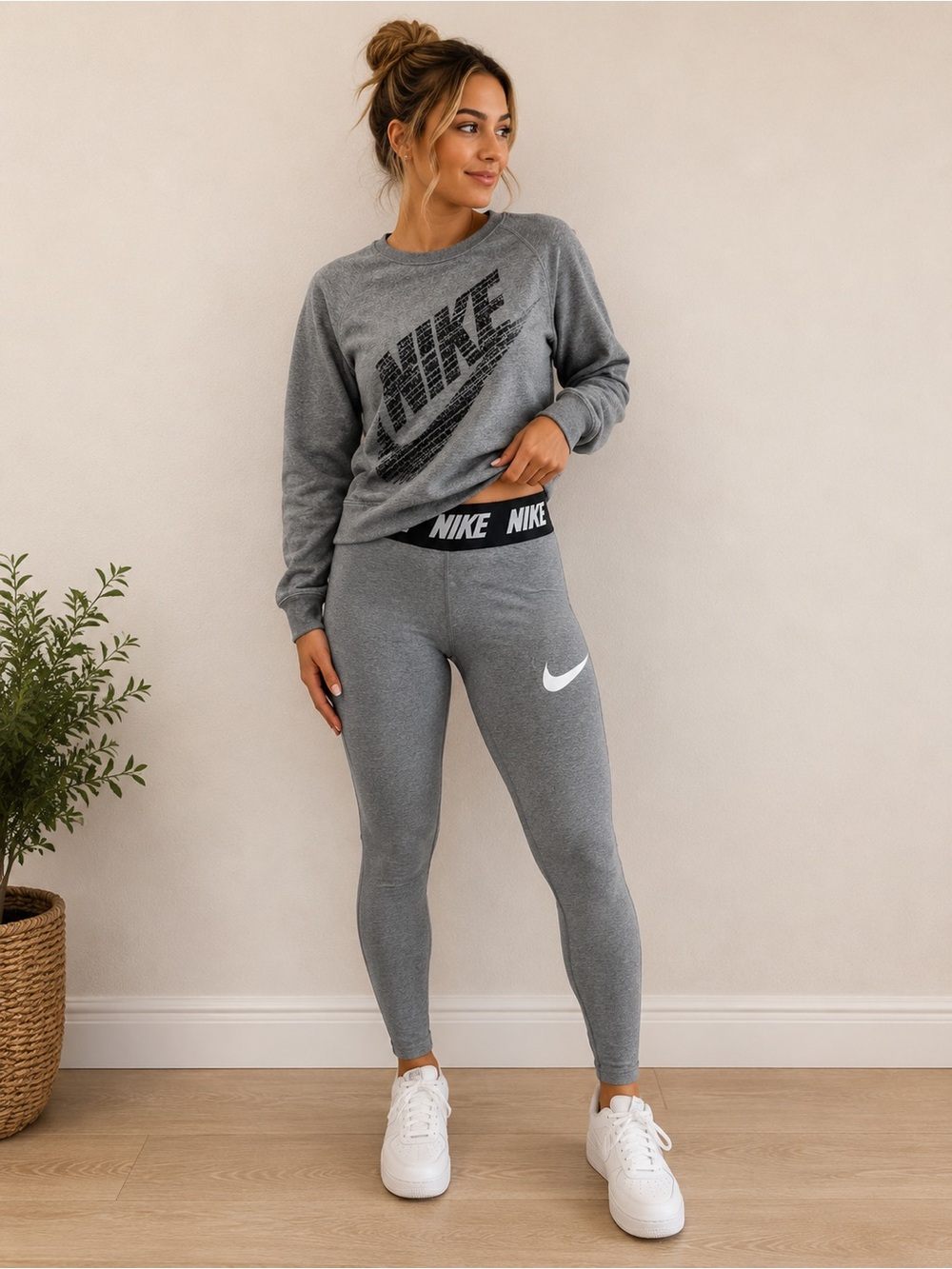 Nike Women's Gray Logo Leggings with crewneck outfit